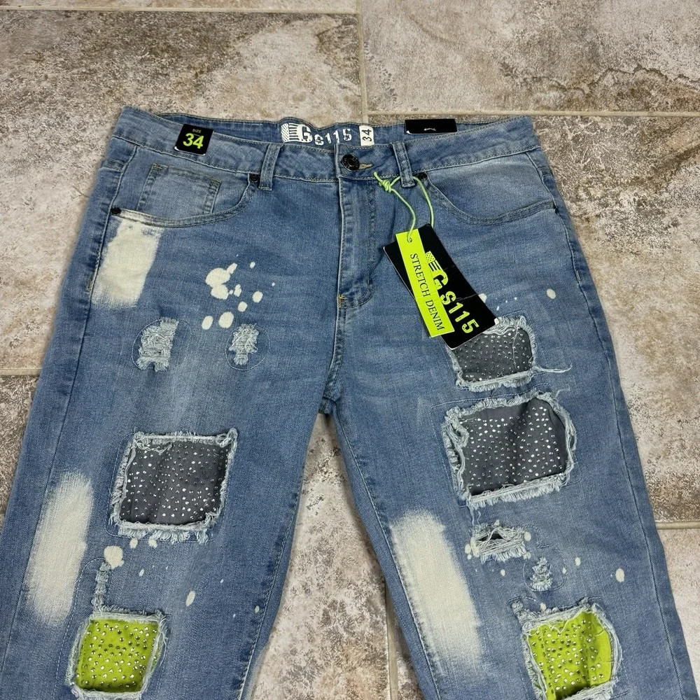 GS115 Denim Jeans Men's 34x31 Blue Factory Distressed 100% Cotton‎ Studded